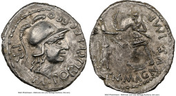 Cnaeus Pompeius Junior (46-45 BC). AR denarius (21mm, 3.86 gm, 7h). NGC Choice XF 3/5 - 3/5, light scratches. Uncertain mint in Spain (Corduba), summe...