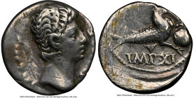 Augustus (27 BC-AD 14). AR denarius (17mm, 7h). NGC Choice Fine, smoothing, scratches. Lugdunum, 12 BC. AVGVSTVS-DIVI F, bare head of Augustus right /...