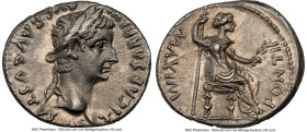 Tiberius (AD 14-37). AR denarius (19mm, 3.83 gm, 7h). NGC Choice XF 5/5 - 2/5. Lugdunum, ca. AD 15-18. TI CAESAR DIVI-AVG F AVGVSTVS, laureate head of...