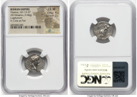 Tiberius (AD 14-37). AR denarius (18mm, 3.66 gm, 8h). NGC Choice XF 4/5 - 2/5. Lugdunum, ca. AD 15-18. TI CAESAR DIVI-AVG F AVGVSTVS, laureate head of...