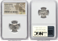 Tiberius (AD 14-37). AR denarius (18mm, 3.79 gm, 4h). NGC Choice XF 3/5 - 3/5, brushed. Lugdunum, ca. AD 15-18. TI CAESAR DIVI-AVG F AVGVSTVS, laureat...