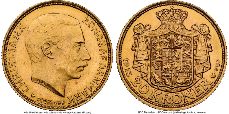 Christian X gold 20 Kroner 1913 (h)-VBP/AH MS64 NGC, Copenhagen mint, KM817.1, F...