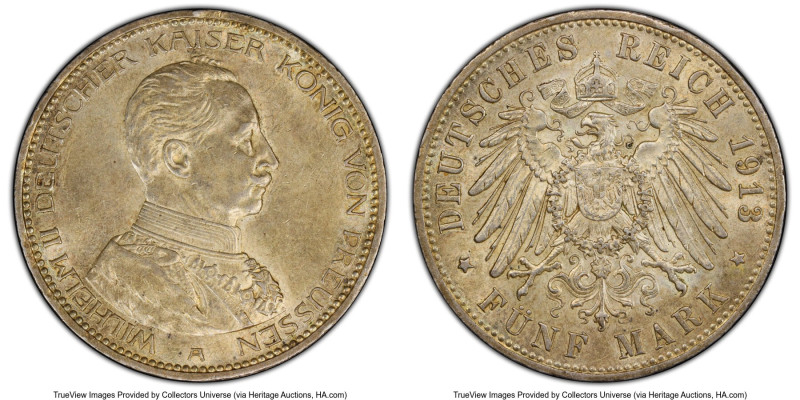 Prussia. Wilhelm II 5 Mark 1913-A MS61 PCGS, Berlin mint, KM536, Dav-791, J-114....