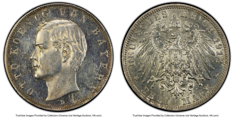 Pair of Certified Assorted 3 Marks PCGS. 1) Bavaria. Otto 3 Mark 1912-D - AU58, ...
