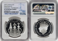 Charles III silver Proof "Coronation Regalia - King Charles III Coronation" 5 Pounds 2023 PR70 Ultra Cameo NGC, Mintage: 16,860. Edge Inscription: GOD...