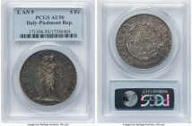 Piedmont Republic. Subalpine Republic 5 Francs L'An 9 (1800) AU50 PCGS, Turin mint, KM-C4, Dav-197. HID09801242017 © 2024 Heritage Auctions | All Righ...
