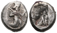 Greek Persia, Achaemenid Empire. Darius I - Darius II (c. 490-420 BC). AR Siglos,. Type III. Obv: Persian King/hero kneeling-running right, holding sp...