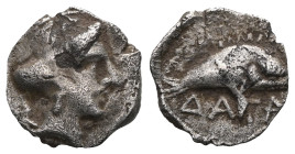 Greek PAPHLAGONIA. Sinope. Datames, circa 370-360 BC. Obol . Head of the nymph Sinope to right, her hair bound in a sakkos. Rev. ΔΑΤΑ Fish right. HGC ...
