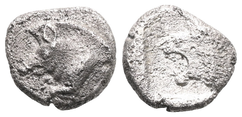 Mysia. Kyzikos 450-400 BC. Obol AR Forepart of boar left, behind tunny upward / ...