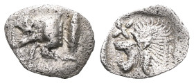 Mysia. Kyzikos 450-400 BC. Obol AR Forepart of boar left, behind tunny upward / Head of roaring lion left; retrograde K to upper left; all within incu...