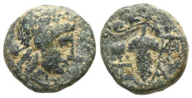 Greek Aeolis. Temnos circa 200 BC. Bronze Æ Head of Dionysos right, wearing ivy wreath / T - A, Grape bunch on vine; monogram above. very fine 
 Weig...