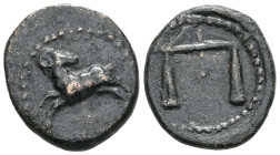 Greek Coins. Middle East, uncertain mint. Bronze, 3rd century BC . Ram leaping l., head turned back. Rev. Scales. (Nectanebo II of Egypt). (Commagene)...