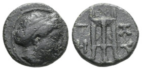 Greek MYSIA. Kyzikos. (Circa 3rd century BC). AE Bronze Obv: Head of Kore Soteira right. Rev: KY ZI. Tripod, monogram to right; below, tunny right.
 ...