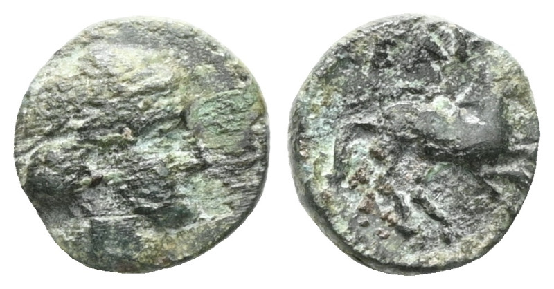 Greek AEOLIS. Kyme. (Circa 250-200 BC). AE Bronze Obv: Head of the Amazon Kyme r...