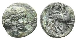 Greek AEOLIS. Kyme. (Circa 250-200 BC). AE Bronze Obv: Head of the Amazon Kyme right Rev: KY, horse prancing to right; Σ monogram below raised foreleg...
