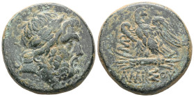 Pontos, Amisos (80-70 BC) AE (Bronze, Pontos, Amisos (80-70 BC) AE Obv: Laureate head of Zeus right. Rev: Eagle standing over thunderbolt, monogram to...