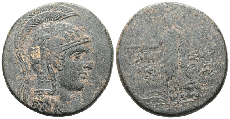 Pontos, Amisos Æ28. Circa 120-95 BC. Helmeted head of Athena right / Perseus sta...