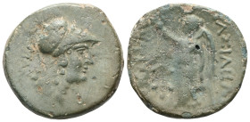 Greek CILICIA. Seleukeia. 2nd-1st century BC. AE (Bronze). Head of Athena to right, wearing Corinthian helmet; behind, monogram. Rev. [ΣΕΛΕ]ΥΚΕΩΝ ΤΩΝ ...