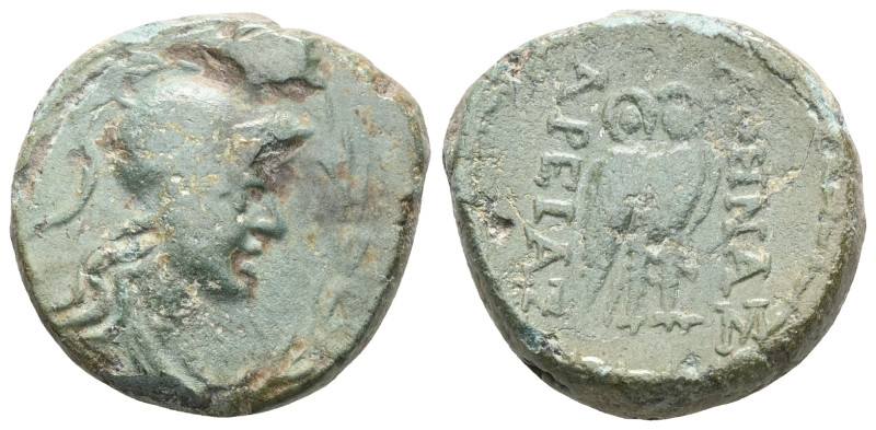 GREEK Cilicia. Soloi circa 200-0 BC. Bronze Æ. Helmeted head of Athena right / Σ...