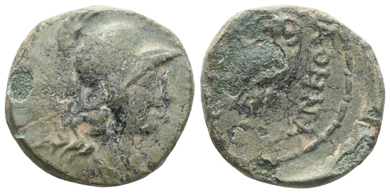 GREEK Cilicia. Soloi circa 200-0 BC. Bronze Æ. Helmeted head of Athena right / Σ...