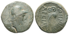 GREEK Cilicia. Soloi circa 200-0 BC. Bronze Æ. Helmeted head of Athena right / ΣΟΛΕΩΝ, owl standing facing, slightly right, two monograms in left fiel...