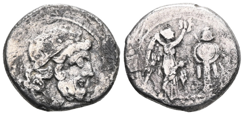 ROMAN REPUBLIC Anonymous, after 211 BC. Victoriat. AR 3.08 g. Laureate head of J...