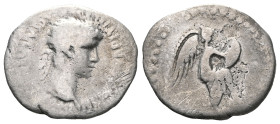 Nero AR Hemidrachm of Caesarea, Cappadocia. Struck circa AD 59-60. Laureate head right / Victory standing right with foot on globe, inscribing shield ...