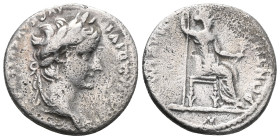 Tiberius (AD 14-37). AR denarius. Lugdunum, ca. AD 18-35. TI CAESAR DIVI AVGVSTVS, laureate head of Tiberius right / PONTIF MAXIM, Livia (as Pax), hol...