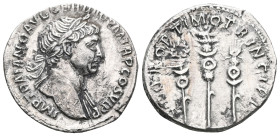 Trajan, 98 - 117 ADSilver Denarius, Rome Mint, Obverse: IMP TRAIANO AVG GER DAC P M TR P COS VI P P, Laureate and draped bust of Trajan right.Reverse:...