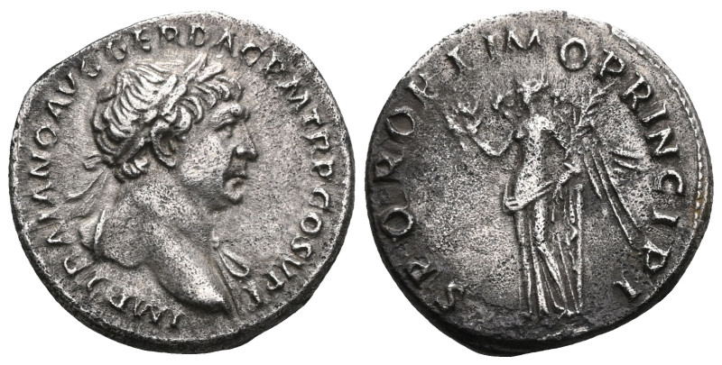 Trajan (98-117). AR Denarius . Rome, c. 107-8. Laureate bust r., slight drapery ...