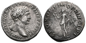 Trajan (98-117). AR Denarius . Rome, c. 107-8. Laureate bust r., slight drapery on far shoulder. R/ Victory standing l., holding wreath and palm.
 We...