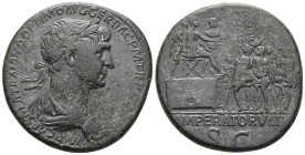 TRAIANUS (98 - 117) Sestertius, Rome, 114-117 IMP CAES NER TRAIANO OPTIMO AVG GER DAC P M TR P COS VI P P. Draped portrait bust with laurel wreath to ...