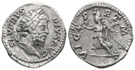Septimius Severus AR Denarius. Rome, AD 202-210. SEVERVS PIVS AVG, laureate head right / VICT PART MAX, Victory advancing left, holding wreath and pal...