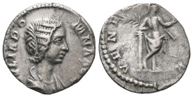 Julia Domna AR Denarius. Rome, AD 193-196. IVLIA DOMNA AVG, draped bust right / VENERI VICTR, Venus standing right, leaning on column, holding palm br...
