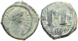 Justinian I (527-565) AE Follis (Bronze) Antioch. Justinian I (527-565) AE Follis (Bronze) Antioch. Obv: DN IVSTINIANVS PP AVG, pearl diademed, draped...
