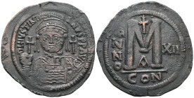 Justinian I, (527-565), AE follis, Constantinople mint, , issued year 12 = 538-539, officina D , obv. Justinian bust facing, DN IVSTINI ANVS PP AVC, r...