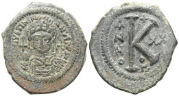 Justinian I (527-565) AE Half Follis (Bronze) Theoupolis (Antioch). Obv: D N IVSTINIANVS P P AVG, Helmeted and cuirassed bust of Justinian I facing, h...