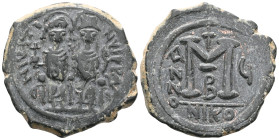 Justin II and Sophia, AE, Follis. (Bronze) Constantinople. 565-578 AD. Justin II and Sophia, AE, Follis. Nicomedia 565-578 AD. Obv: [DN IVS]TINVS PP A...