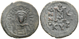 Maurice Tiberius. 582-602. Follis (bronze,), Cyzicus. Crowned and curiassed facing bust, holding globus cruciger and shield. Rev. Large M between A/N/...