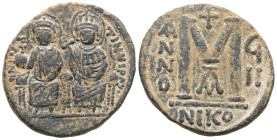 Justin II and Sophia, AE, Follis. (Bronze) Constantinople. 565-578 AD. Justin II and Sophia, AE, Follis. Nicomedia 565-578 AD. Obv: [DN IVS]TINVS PP A...