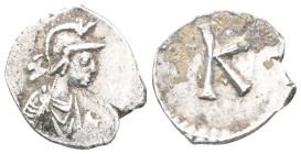 Anonymous. temp. Justinian I, circa 530. AR Third Siliqua or Scripulum(?) . Constantinople mint. Helmeted and draped bust of Constantinopolis right / ...