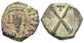 Maurice Tiberius, 582-602. Dekanummium (Bronze), Constantinopolis. δ m Tib CON P P A' Crowned, draped and cuirassed bust of Tiberius II Constantine fa...