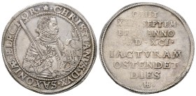 Sachsen - Albertiner (ab 1485). Kurfürstentum (1547 - 1806). Christian I. (1586 - 1591).

Taler (Silber). 1591. Dresden.
Auf seinen Tod.

Vs: Geh...