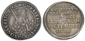 Sachsen - Albertiner (ab 1485). Kurfürstentum (1547 - 1806). Christian I. (1586 - 1591).

1/4 Taler (Silber). 1591. Dresden.
Auf seinen Tod.

Vs:...