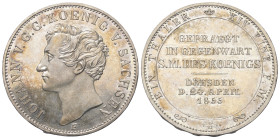 Sachsen - Albertiner (ab 1485). Königreich (ab 1806). Johann (1854 - 1873).

 Doppeltaler (Silber). 1855 F. Dresden.
Auf den Besuch der Münze.

V...
