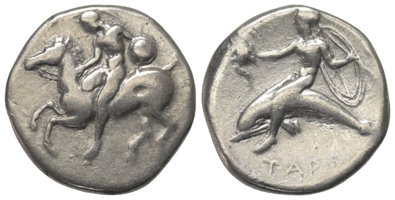 Kalabrien. Tarent.

 Didrachme oder Nomos (Silber). Ca. 400 - 390 v. Chr.
Vs:...