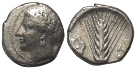Lukanien. Metapont.

 Nomos (Silber). Ca. 400 - 340 v. Chr.
Vs: Kopf der Demeter links.
Rs: Getreideähre; im Feld links Murex und rechts Ethnikon....