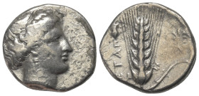 Lukanien. Metapont.

 Nomos (Silber). Ca. 400 - 340 v. Chr.
Vs: Kopf der Demeter rechts.
Rs: Getreideähre; im Feld links Ethnikon und rechts Palme...