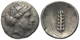 Lukanien. Metapont.

 Nomos (Silber). Ca. 400 - 340 v. Chr.
Vs: Kopf der Demeter mit Diadem rechts.
Rs: Getreideähre. 

22 mm. 7,26 g. 

HN It...
