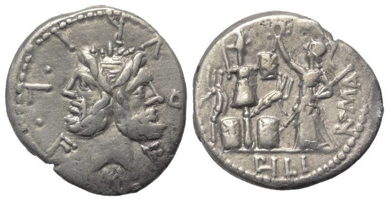 M. Furius Philus.

 Denar (Silber). 120 v. Chr. Rom.
Vs: M FOVRI. L. F. Doppe...